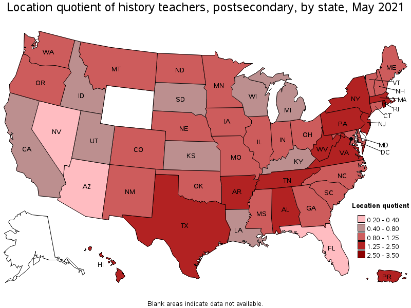 Map of location quotient of history teachers, postsecondary by state, May 2021