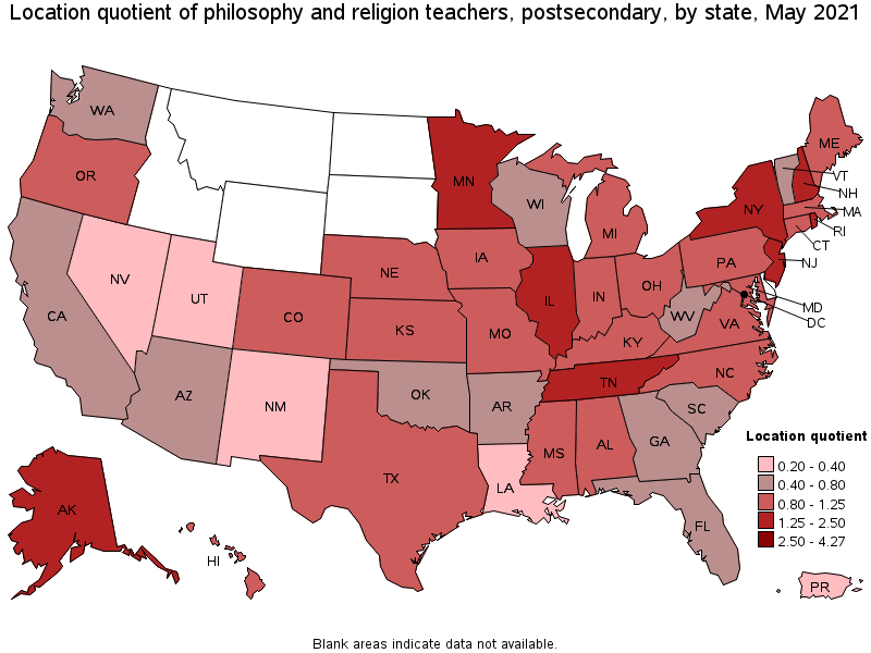 Map of location quotient of philosophy and religion teachers, postsecondary by state, May 2021