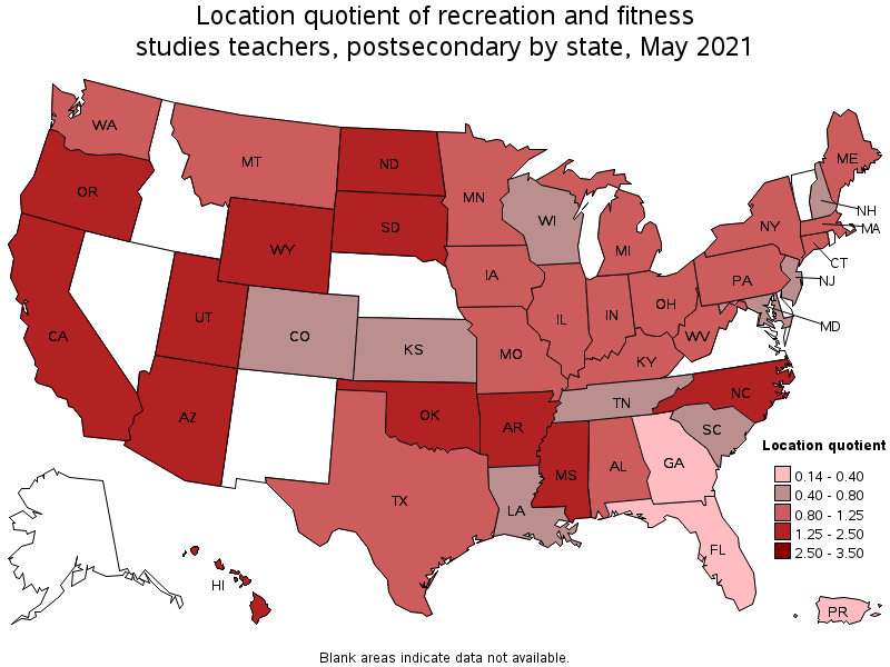 Map of location quotient of recreation and fitness studies teachers, postsecondary by state, May 2021
