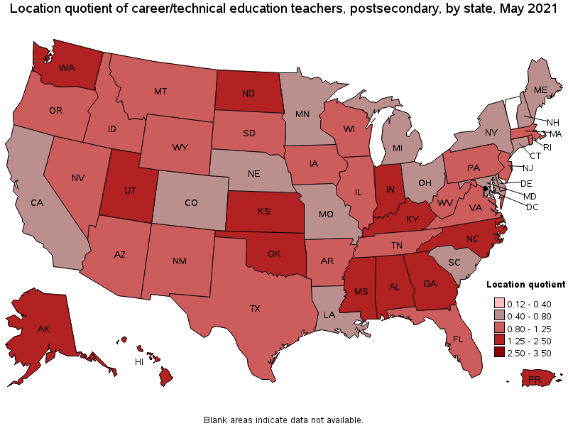 Map of location quotient of career/technical education teachers, postsecondary by state, May 2021