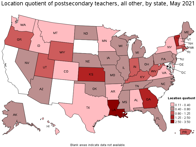 Map of location quotient of postsecondary teachers, all other by state, May 2021