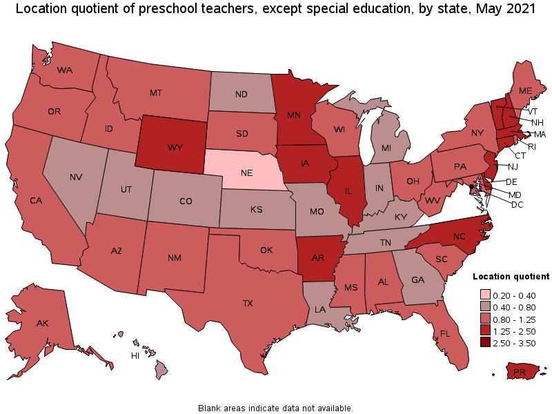 Map of location quotient of preschool teachers, except special education by state, May 2021