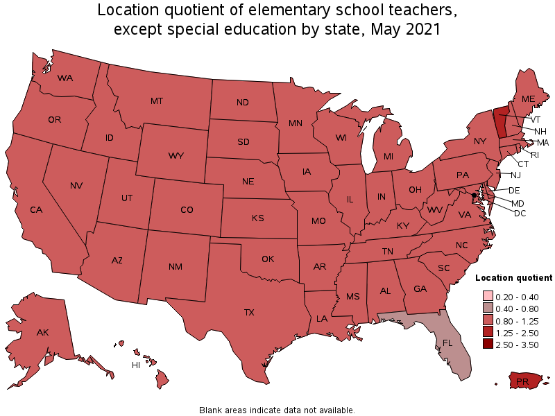 Map of location quotient of elementary school teachers, except special education by state, May 2021