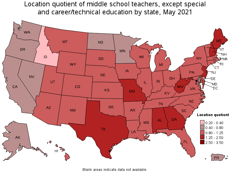 Map of location quotient of middle school teachers, except special and career/technical education by state, May 2021