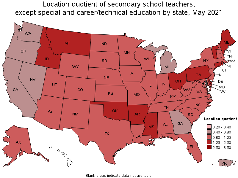 Map of location quotient of secondary school teachers, except special and career/technical education by state, May 2021