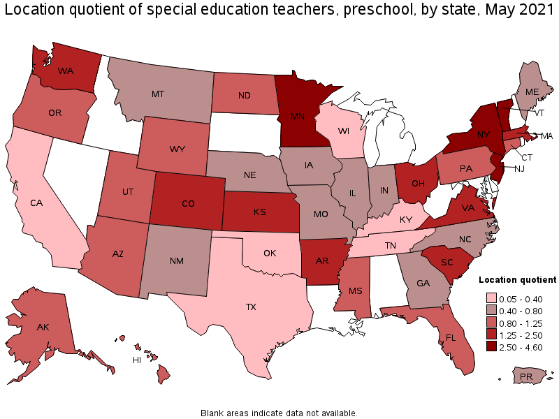 Map of location quotient of special education teachers, preschool by state, May 2021