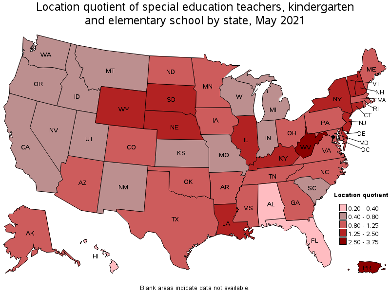 Map of location quotient of special education teachers, kindergarten and elementary school by state, May 2021