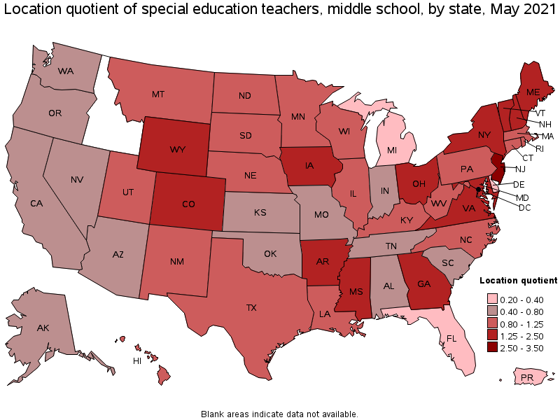 Map of location quotient of special education teachers, middle school by state, May 2021