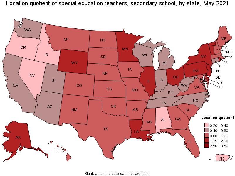 Map of location quotient of special education teachers, secondary school by state, May 2021
