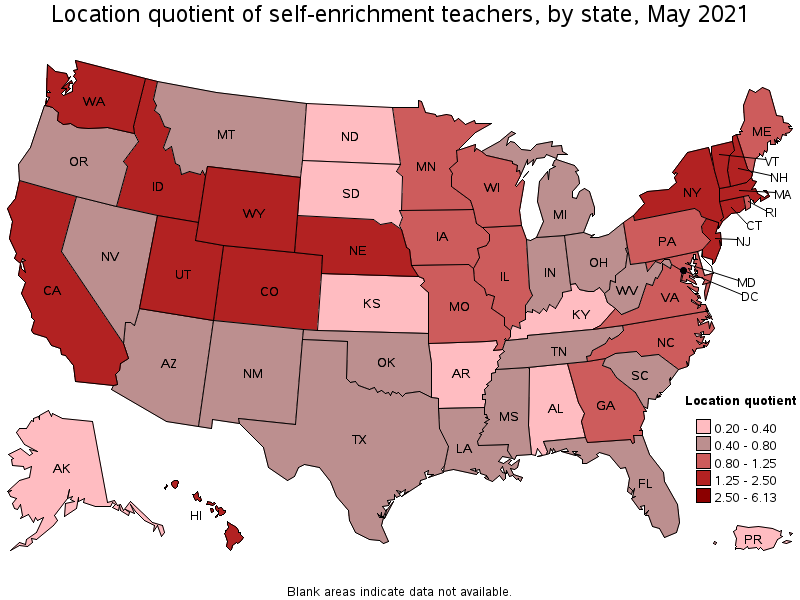 Map of location quotient of self-enrichment teachers by state, May 2021