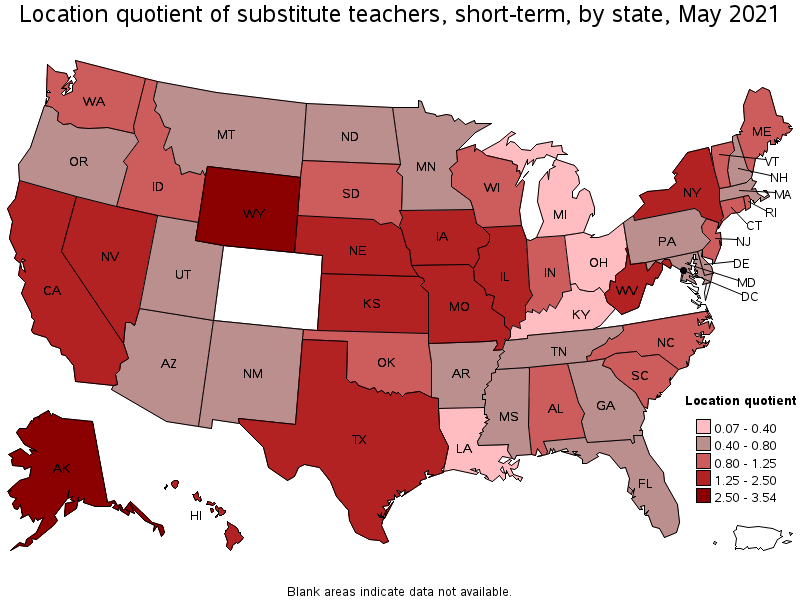 Map of location quotient of substitute teachers, short-term by state, May 2021