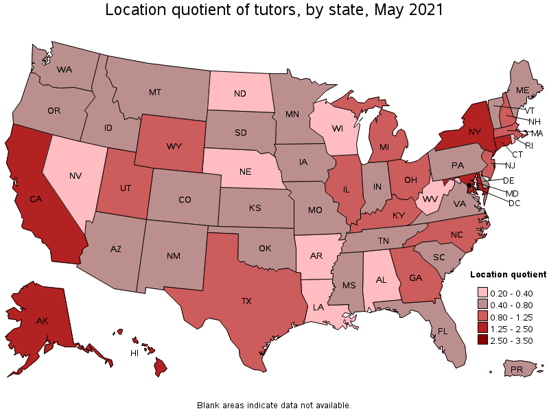 Map of location quotient of tutors by state, May 2021
