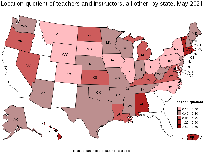 Map of location quotient of teachers and instructors, all other by state, May 2021