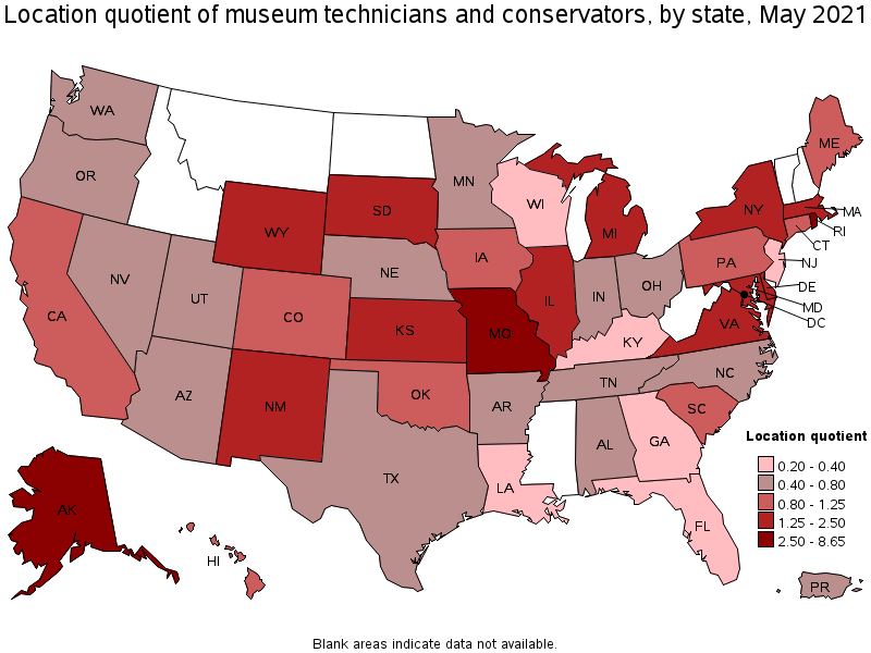 Map of location quotient of museum technicians and conservators by state, May 2021