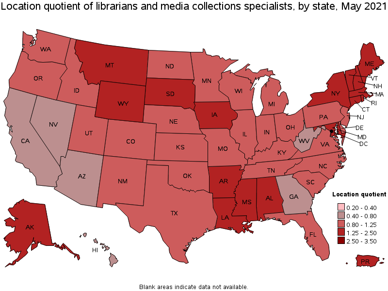 Map of location quotient of librarians and media collections specialists by state, May 2021
