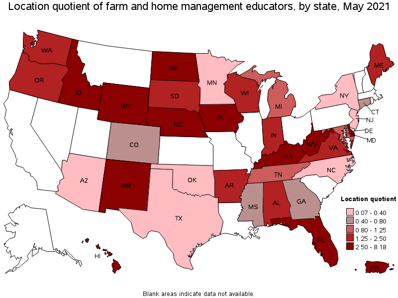 Map of location quotient of farm and home management educators by state, May 2021