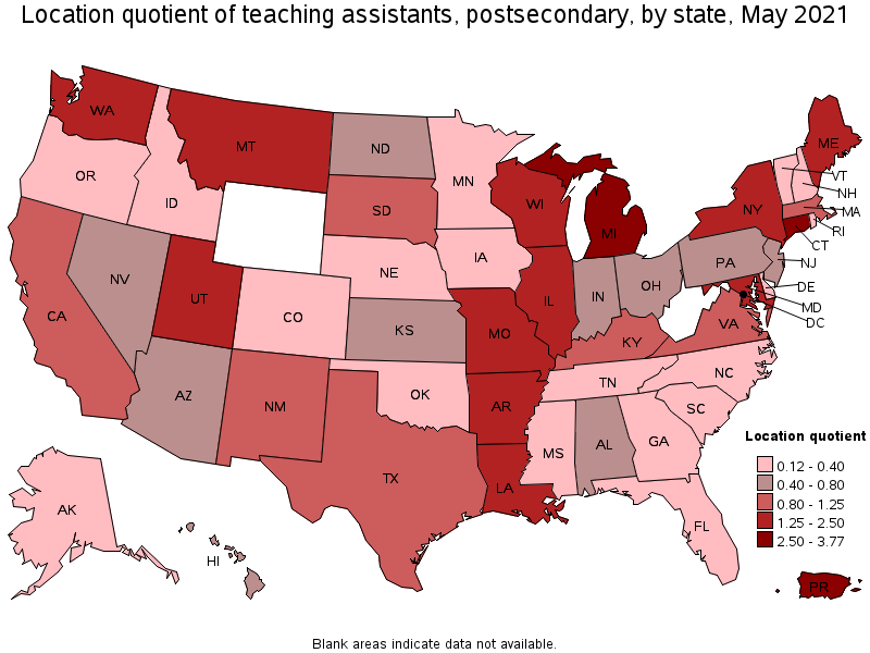 Map of location quotient of teaching assistants, postsecondary by state, May 2021