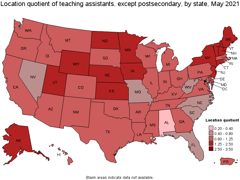 Map of location quotient of teaching assistants, except postsecondary by state, May 2021