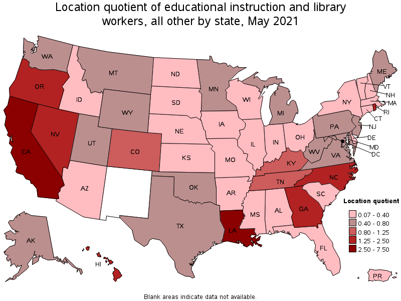 Map of location quotient of educational instruction and library workers, all other by state, May 2021
