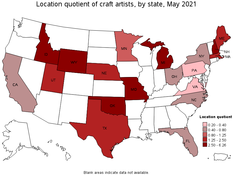 Map of location quotient of craft artists by state, May 2021