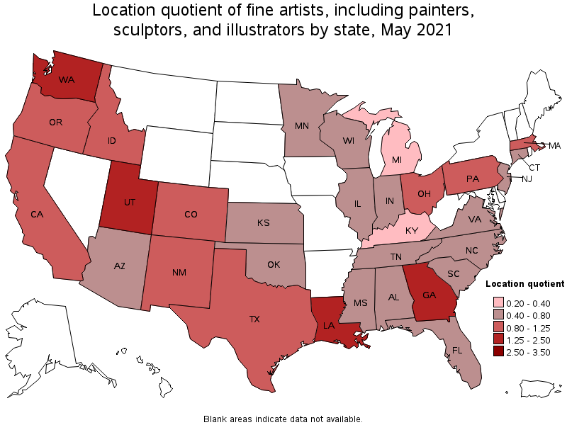 Map of location quotient of fine artists, including painters, sculptors, and illustrators by state, May 2021
