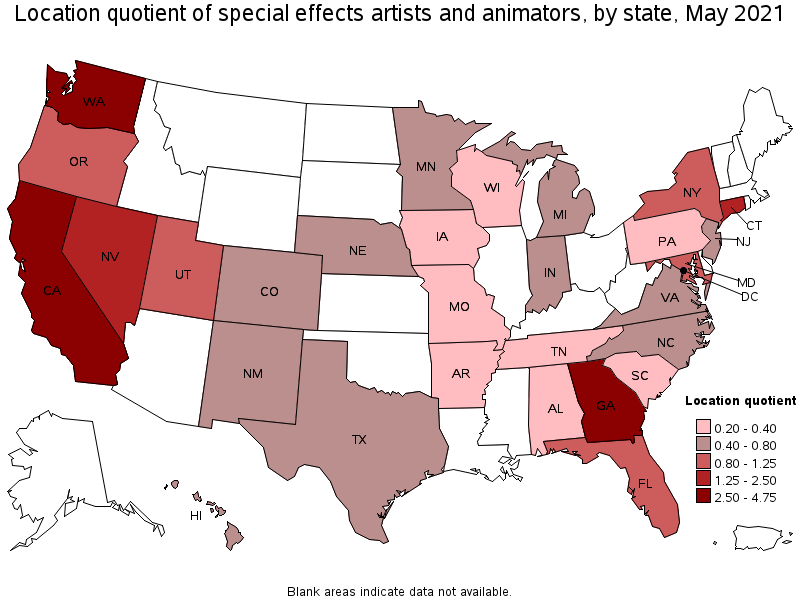 Map of location quotient of special effects artists and animators by state, May 2021
