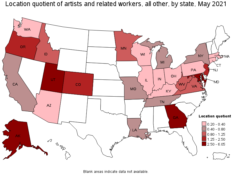 Map of location quotient of artists and related workers, all other by state, May 2021