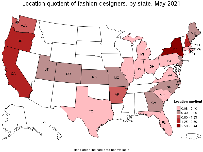 Map of location quotient of fashion designers by state, May 2021