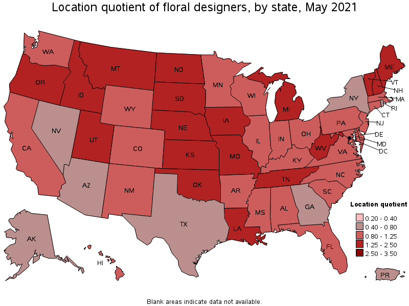 Map of location quotient of floral designers by state, May 2021