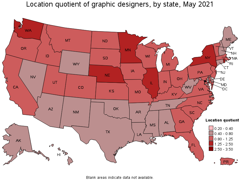Map of location quotient of graphic designers by state, May 2021