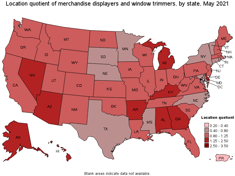 Map of location quotient of merchandise displayers and window trimmers by state, May 2021