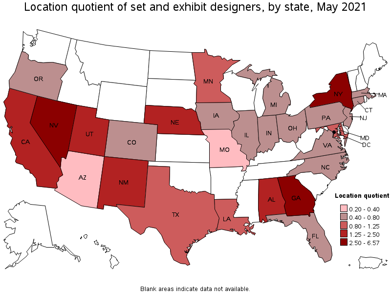 Map of location quotient of set and exhibit designers by state, May 2021