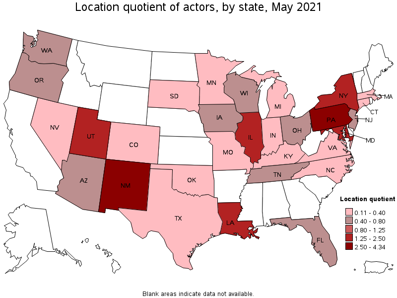 Map of location quotient of actors by state, May 2021