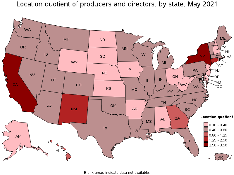 Map of location quotient of producers and directors by state, May 2021