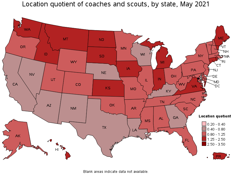 Map of location quotient of coaches and scouts by state, May 2021