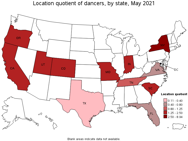 Map of location quotient of dancers by state, May 2021