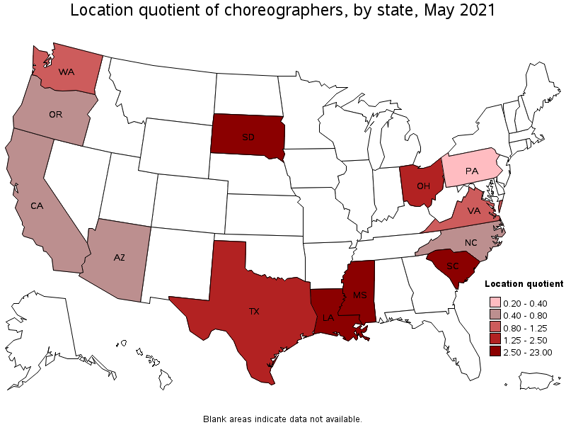 Map of location quotient of choreographers by state, May 2021