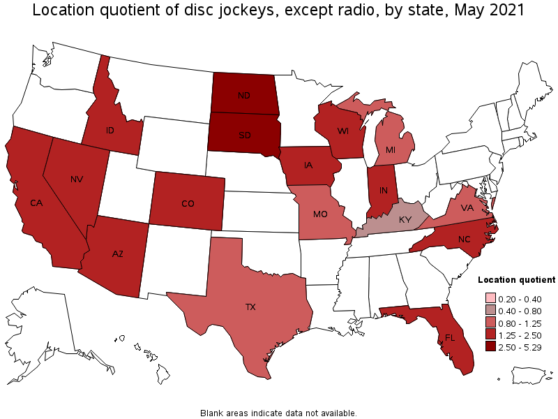 Map of location quotient of disc jockeys, except radio by state, May 2021