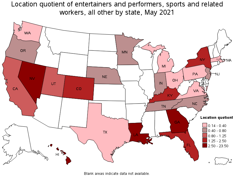 Map of location quotient of entertainers and performers, sports and related workers, all other by state, May 2021