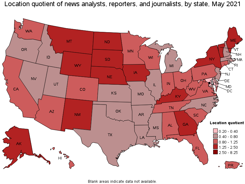 Map of location quotient of news analysts, reporters, and journalists by state, May 2021