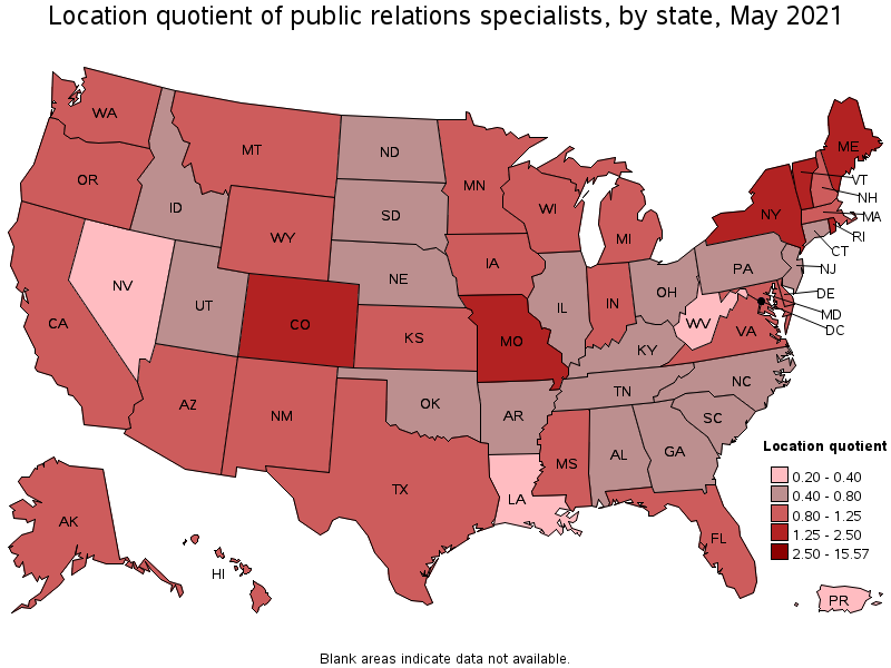 Map of location quotient of public relations specialists by state, May 2021