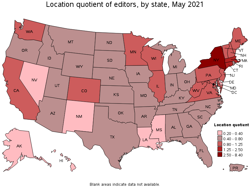 Map of location quotient of editors by state, May 2021