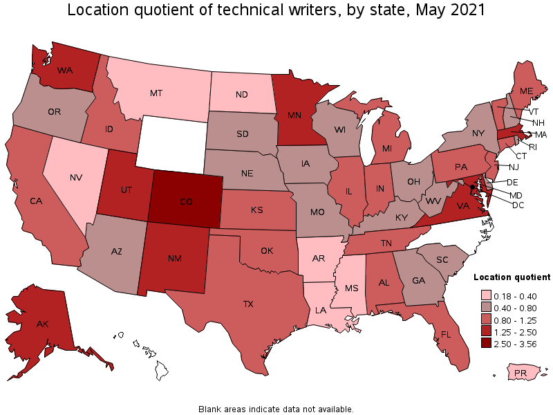 Map of location quotient of technical writers by state, May 2021