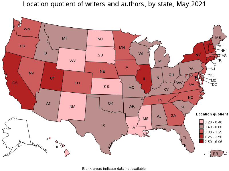 Map of location quotient of writers and authors by state, May 2021