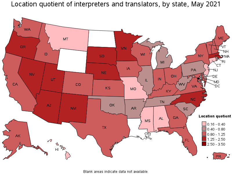 Map of location quotient of interpreters and translators by state, May 2021