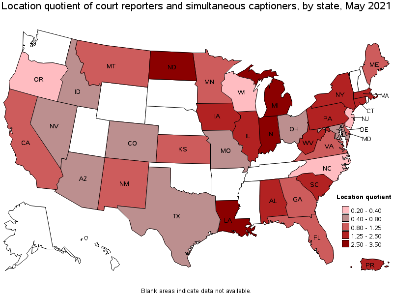 Map of location quotient of court reporters and simultaneous captioners by state, May 2021