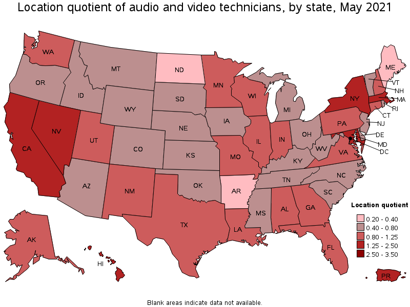 Map of location quotient of audio and video technicians by state, May 2021