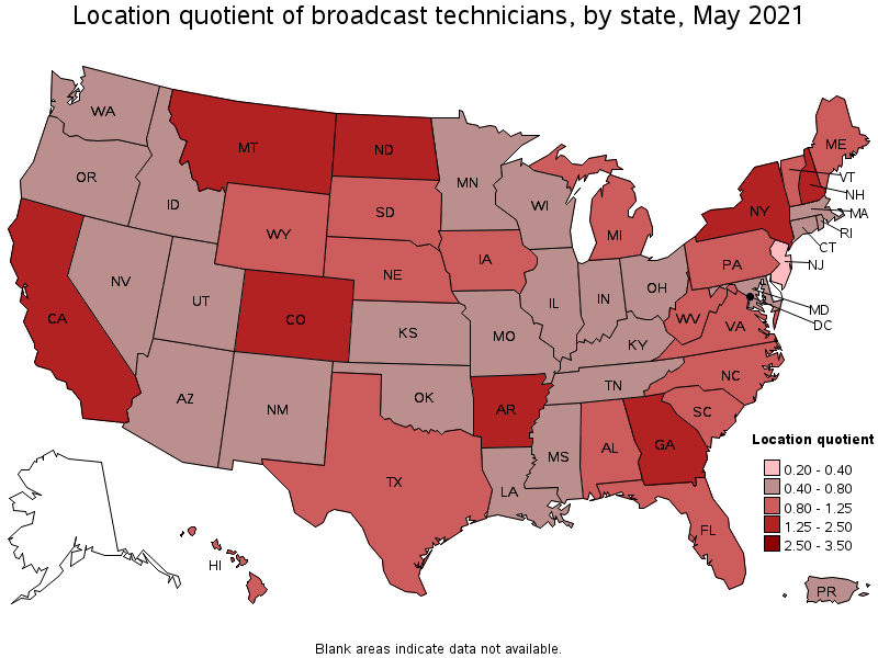 Map of location quotient of broadcast technicians by state, May 2021