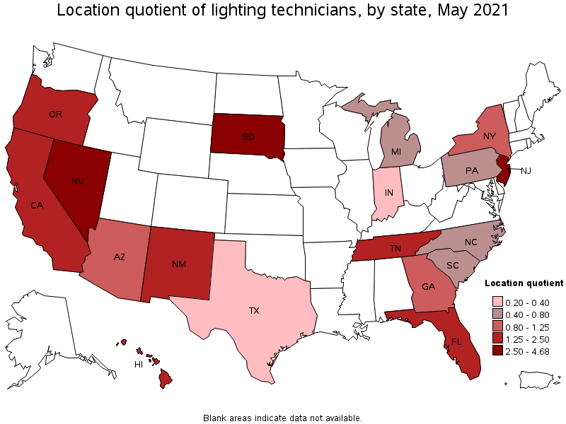 Map of location quotient of lighting technicians by state, May 2021