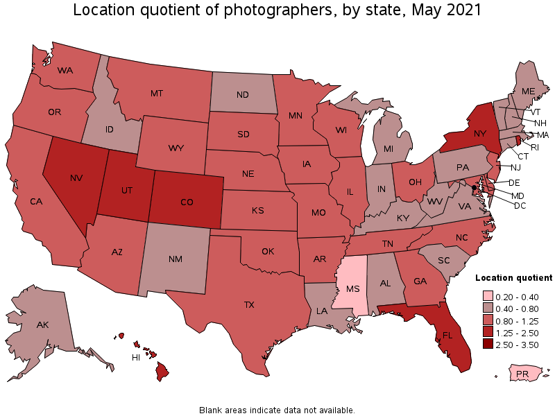 Map of location quotient of photographers by state, May 2021